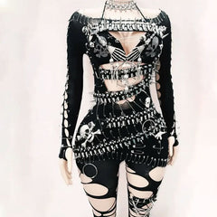 Off shoulder skull applique hollow out cut out mini dress