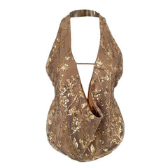 Halter hollow out glitter backless v neck cut out top