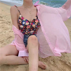 Smocked flower print v neck padded cami top