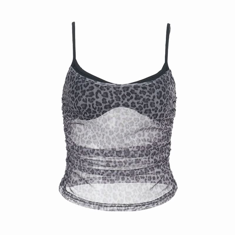 Leopard print ruched u neck mesh cami top