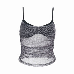Leopard print ruched u neck mesh cami top