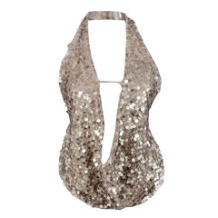 Glitter halter hollow out backless cut out top