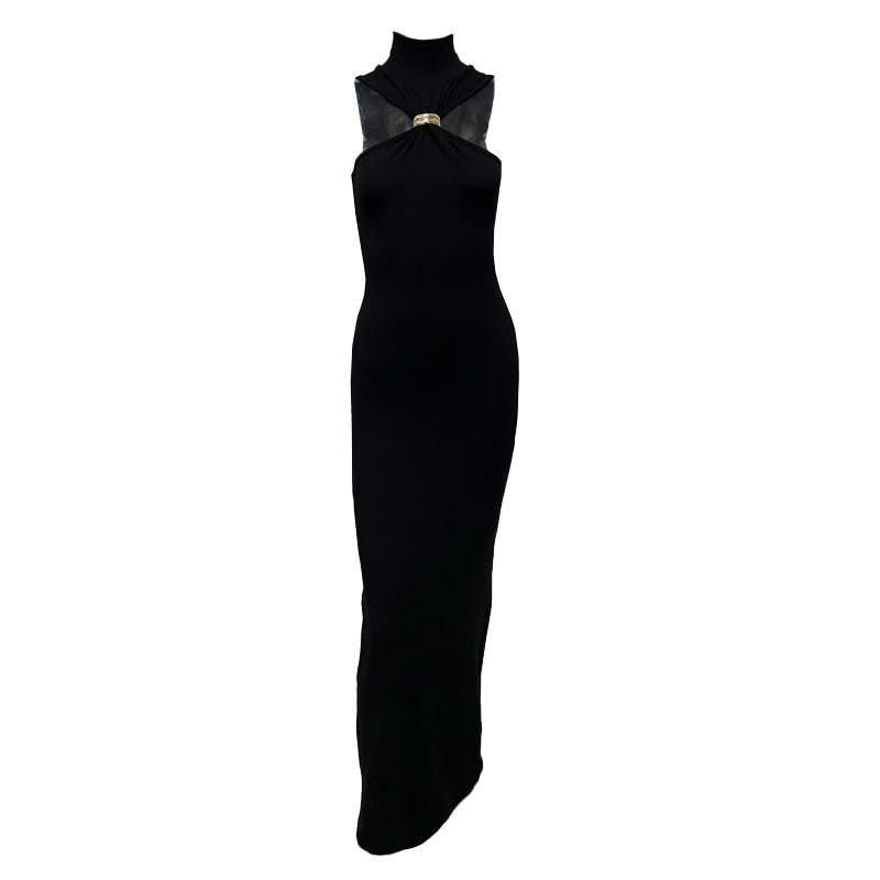 Ruched high neck solid maxi dress