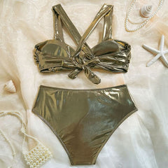 Metallic cross back self tie backless bikini swimwear