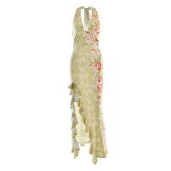 Slit ruffle flower print halter ruched mini dress