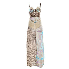 Zip-up slit button lace chiffon cami maxi dress