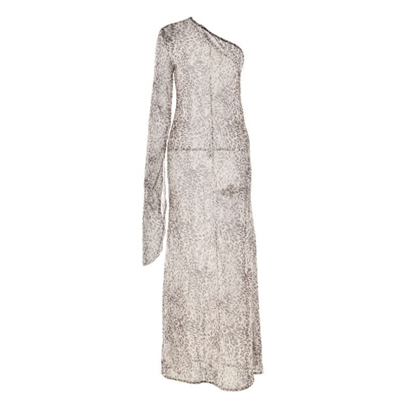Leopard print long sleeve one shoulder chiffon maxi dress