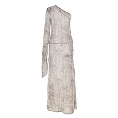Leopard print long sleeve one shoulder chiffon maxi dress