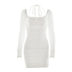 Long sleeve ruched mesh halter self tie mini dress