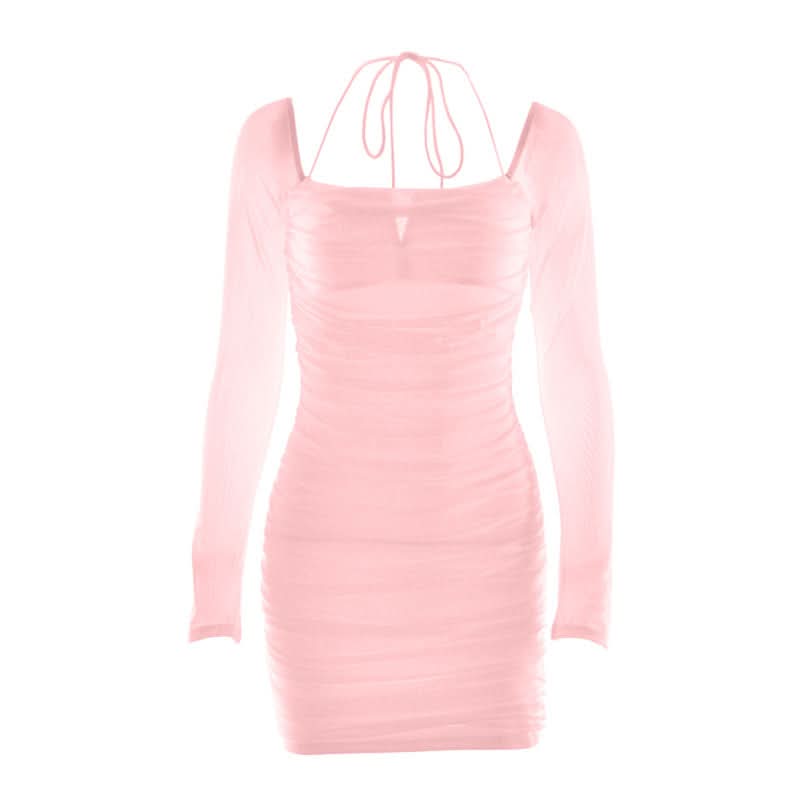 Long sleeve ruched mesh halter self tie mini dress