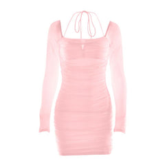 Long sleeve ruched mesh halter self tie mini dress