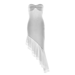 Irregular lace hem self tie tube midi dress