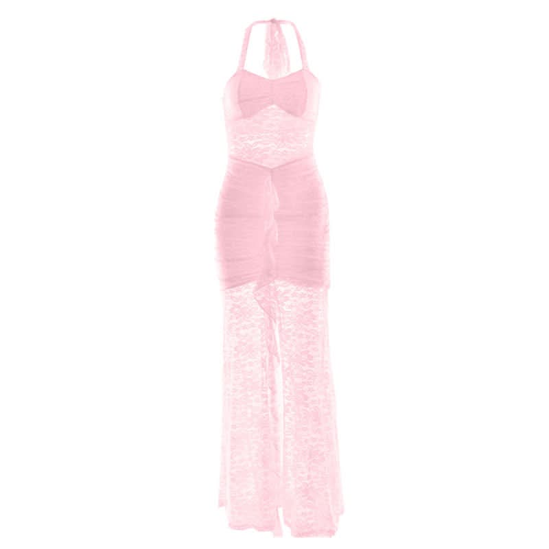 Halter self tie ruched lace v neck maxi dress