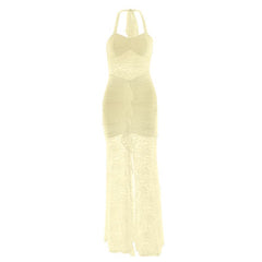Halter self tie ruched lace v neck maxi dress