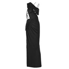 Irregular ruched hollow out slit cut out maxi dress