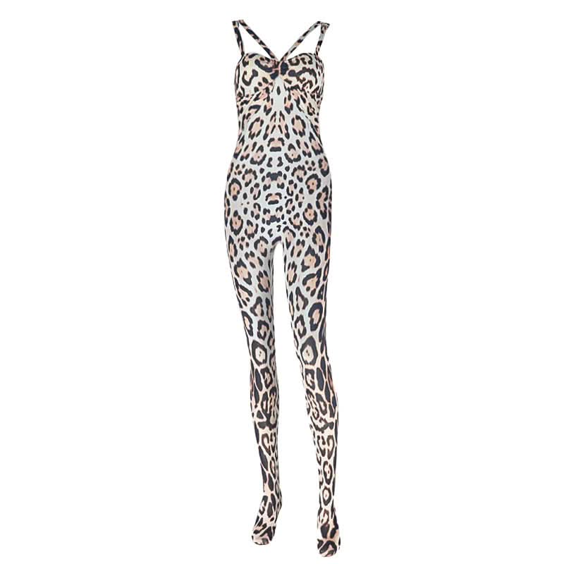 Leopard print hollow out backless cami jumpsuit