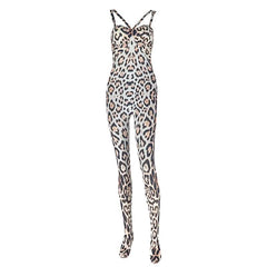 Leopard print hollow out backless cami jumpsuit