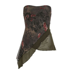 Irregular flower print mesh tube top