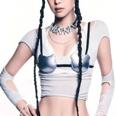 Hollow out long sleeve u neck self tie crop cut out top