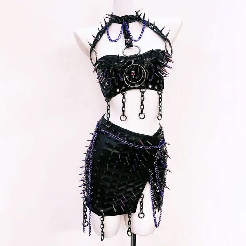 Slit o ring rivet applique PU leather mini skirt set