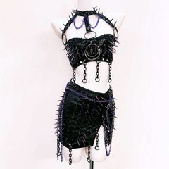 Slit o ring rivet applique PU leather mini skirt set