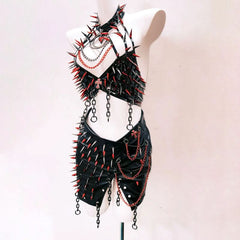 Metal chain hollow out halter slit mini skirt set