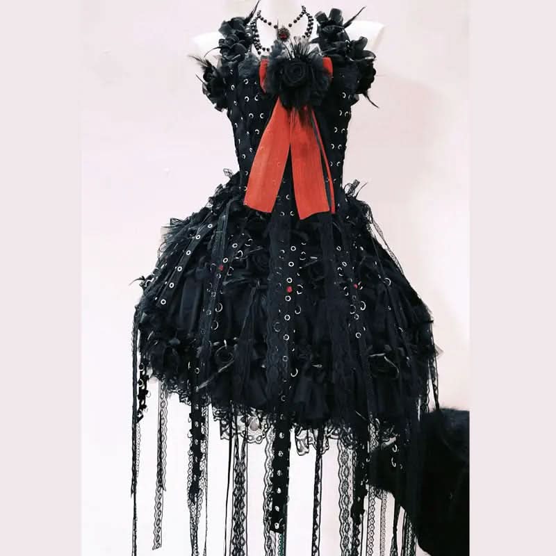 Lace up flower applique ruched lace hem mini skirt set
