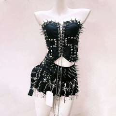 Metal chain lace up rivet applique tube top
