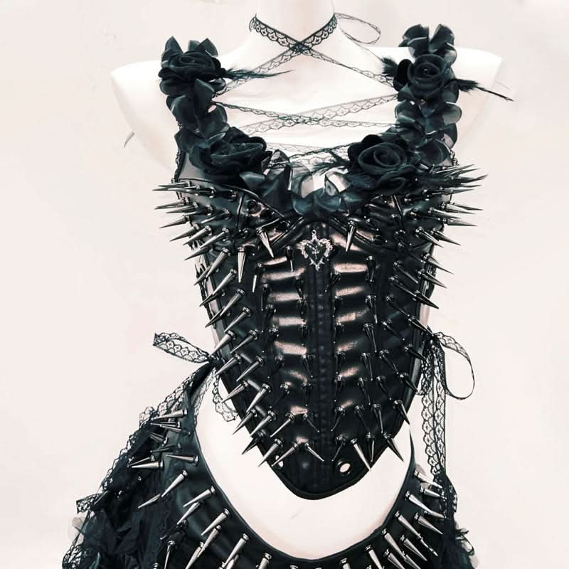 Self tie rivet applique PU leather corset top