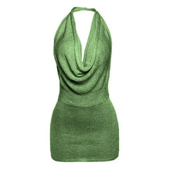 Halter cowl neck knitted backless mini dress