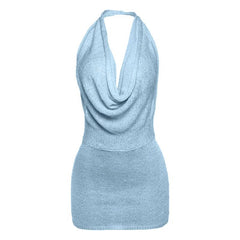 Halter cowl neck knitted backless mini dress