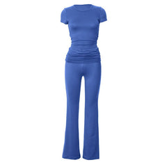 Crewneck ruched short sleeve high rise pant set