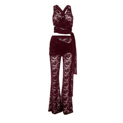 V neck lace knotted cross back pant set