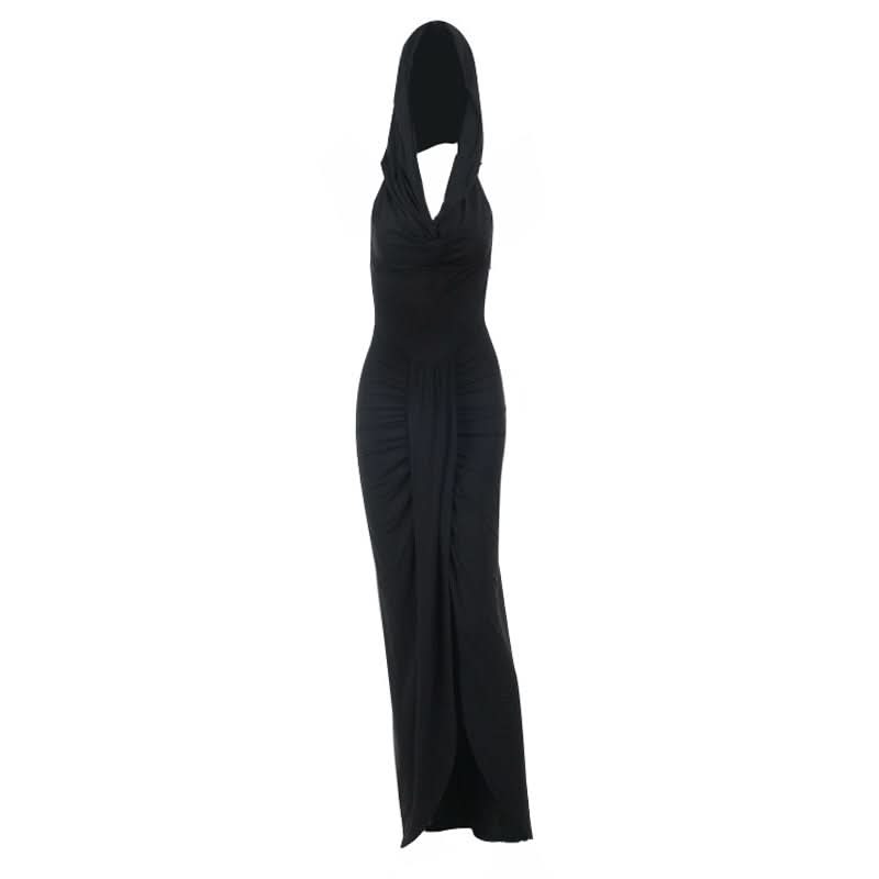 Hoodie ruched slit cowl neck solid maxi dress
