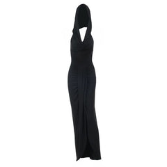Hoodie ruched slit cowl neck solid maxi dress