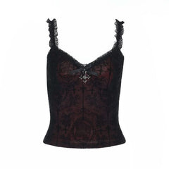 Lace hem v neck bowknot print cami top