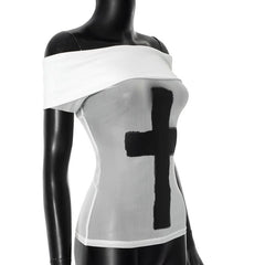 Off shoulder mesh cross pattern tube top