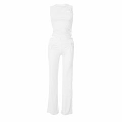 Hollow out ruched crewneck solid pant set