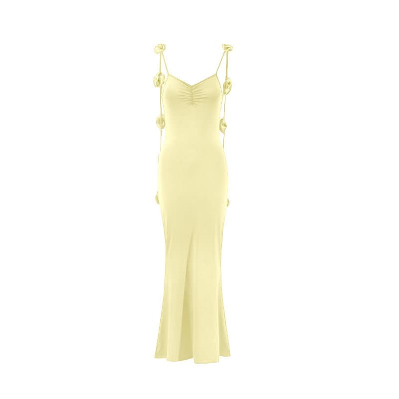 Ruched flower applique v neck cami maxi dress
