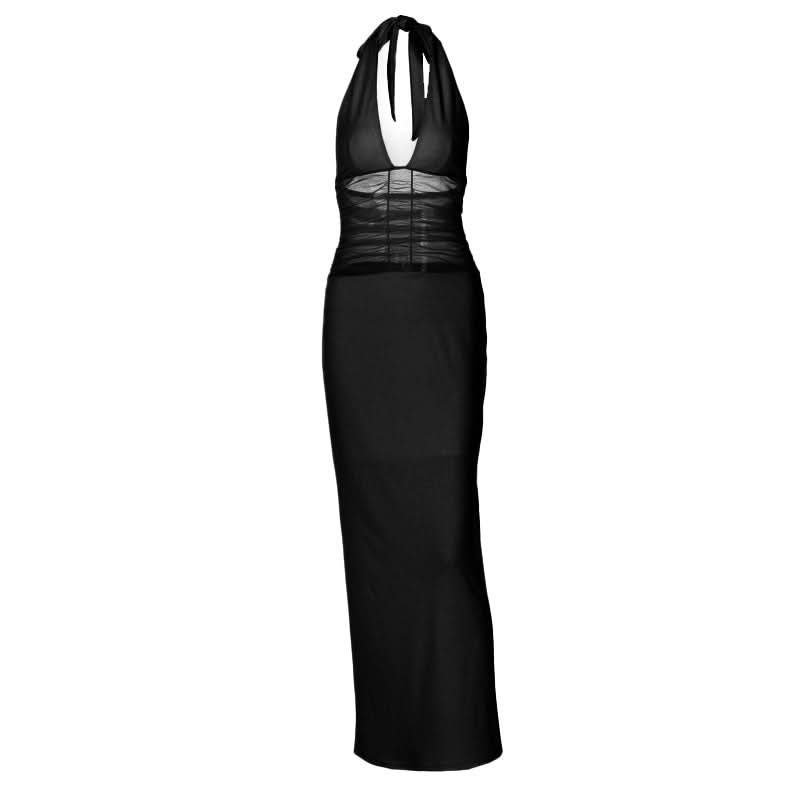 Halter self tie v neck ruched mesh maxi dress