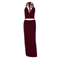 Ruched halter self tie v neck maxi skirt set