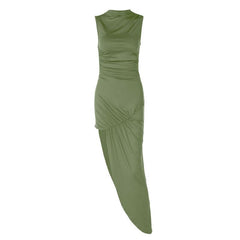Irregular ruched zip-up crewneck slit midi dress
