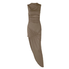 Irregular ruched zip-up crewneck slit midi dress