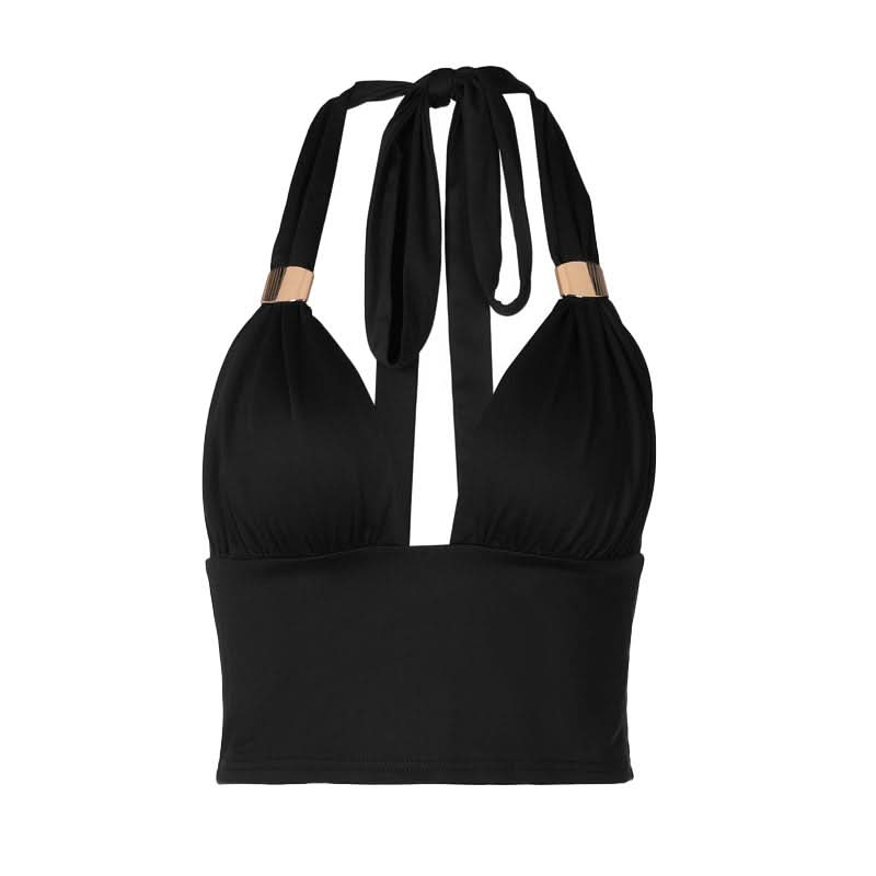 Ruched halter self tie v neck backless top