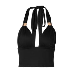 Ruched halter self tie v neck backless top
