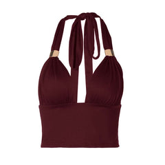 Ruched halter self tie v neck backless top