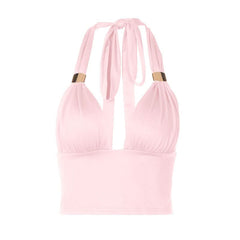 Ruched halter self tie v neck backless top