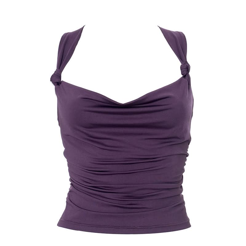 Cowl neck knotted ruched backless top