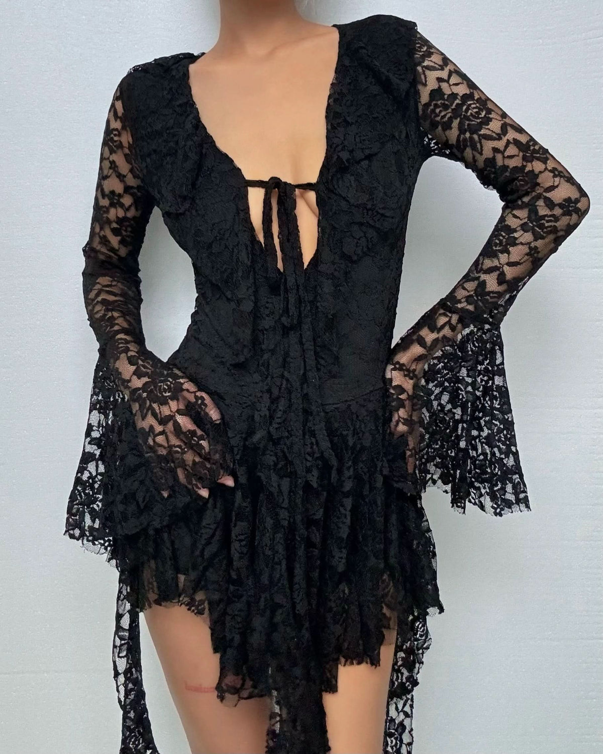 Long flared sleeve lace self tie mini dress