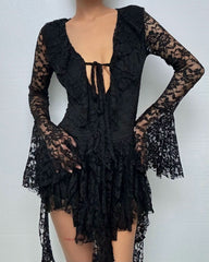 Long flared sleeve lace self tie mini dress